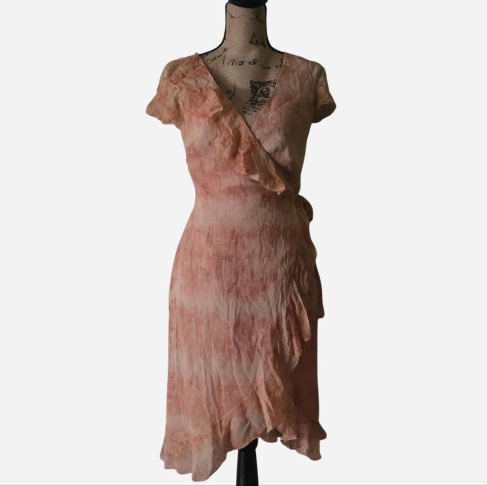 SILK FAIRY Dress Vintage BCBGMAXAZRIA 100% Silk Ruffle Wrap Dress Romantic Coque - Picture 2 of 5